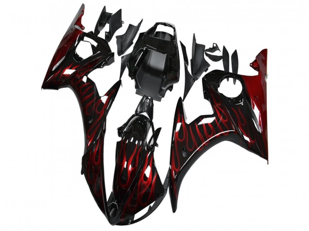 Noir Brillant Rouge Flamme Carénages Moto Yamaha YZF R6 2003-2004