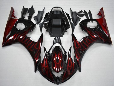 Noir Brillant Rouge Flamme Carénages Moto Yamaha YZF R6 2003-2004 Pas Chère