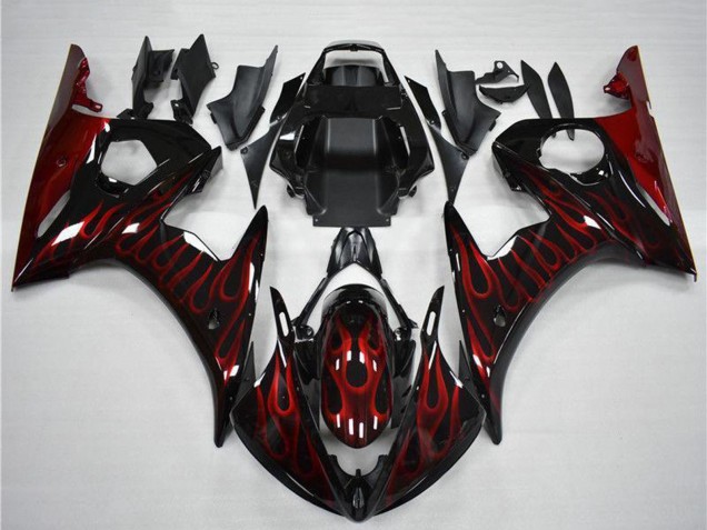 Noir Brillant Rouge Flamme Carénages Moto Yamaha YZF R6 2003-2004