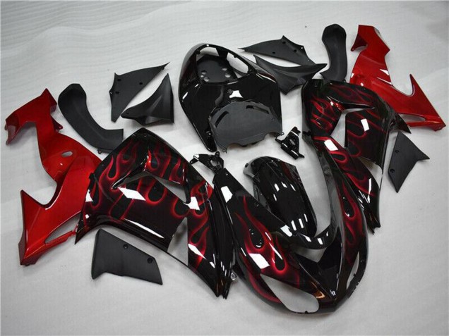 Noir Brillant Rouge Flamme Carénages Moto Kawasaki ZX10R 2006-2007