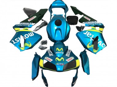Bleu Clair Jaune Vert MoviStar Carénage Moto Honda CBR600RR 2003-2004 Pas Chère