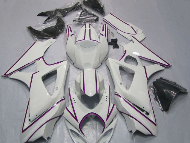 Blanc Brillant Rose Rayures Carénage Moto Suzuki GSXR 1000 2007-2008