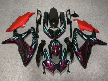 Noir Brillant Rouge Cyan Flamme Carénage Moto Suzuki GSXR 600 / GSXR 750 2008-2010 Pas Chère