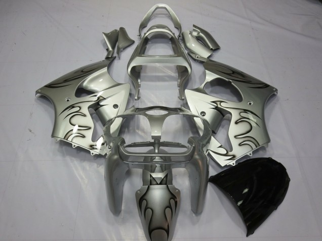 Argent Noir Flamme Carénage Moto Kawasaki ZX6R 2000-2002