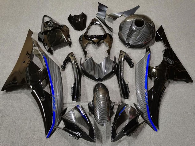 Noir Brillant Fibre de Carbone Style Bleu Carénage Moto Yamaha R6 2008-2016