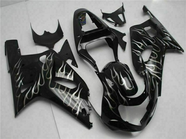 Noir Brillant Argent Flamme Carénage Moto Suzuki GSXR 600/750 2001-2003