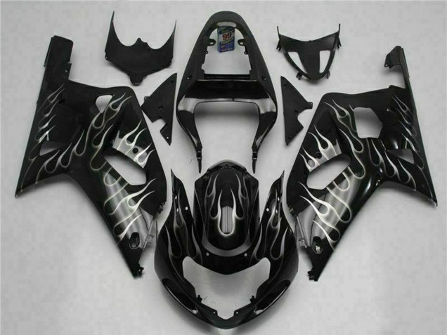 Noir Brillant Argent Flamme Carénage Moto Suzuki GSXR 600/750 2001-2003