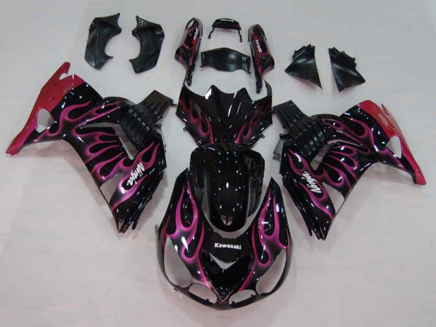 Noir Brillant Rouge Rose Flamme Carénage Moto Kawasaki ZX14R ZZR1400 2006-2011