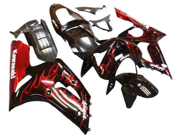 Noir Brillant Rouge Flamme Carénage Moto Kawasaki ZX6R 2003-2004