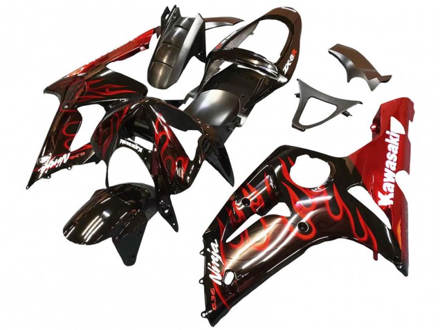 Noir Brillant Rouge Flamme Carénage Moto Kawasaki ZX6R 2003-2004