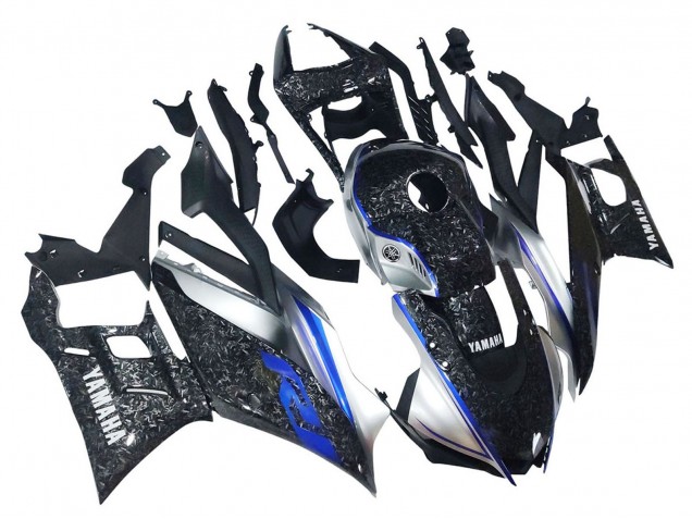 Marbre Noir Argent Bleu Fibre de Carbone Forgée Style Carénage Moto Yamaha YZF R3/R25 2022-2024