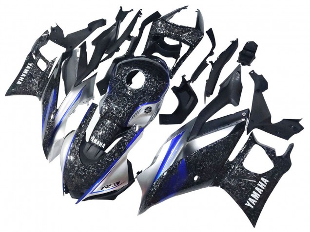 Marbre Noir Argent Bleu Fibre de Carbone Forgée Style Carénage Moto Yamaha YZF R3/R25 2022-2024