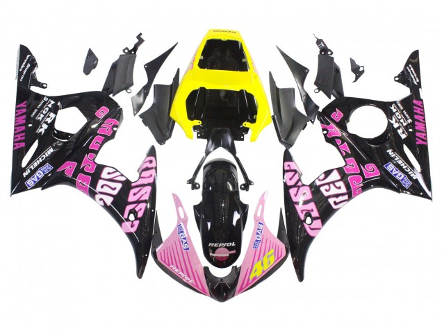 Jaune Rose Noir Brillant Rossi Repsol 46 Carénage Moto Yamaha YZF R6 2003-2004