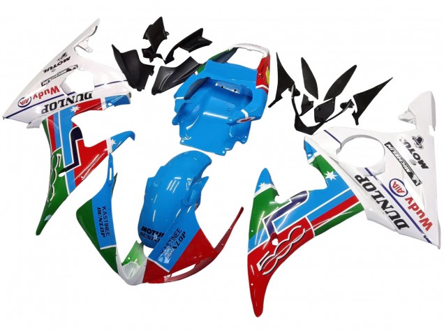 Bleu Clair Blanc Vert Rouge Kastinee Dunlop Motul Carénage Moto Yamaha YZF 600 R6 2005