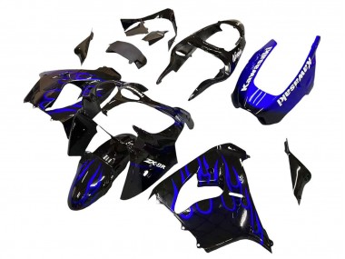 Noir Brillant Bleu Flamme Blanc Carénage Moto Kawasaki ZX9R 2000-2001 Pas Chère