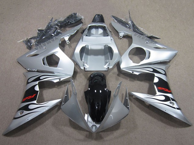 Argent Noir Brillant Flamme Carénage Moto Yamaha YZF R6 2003-2004