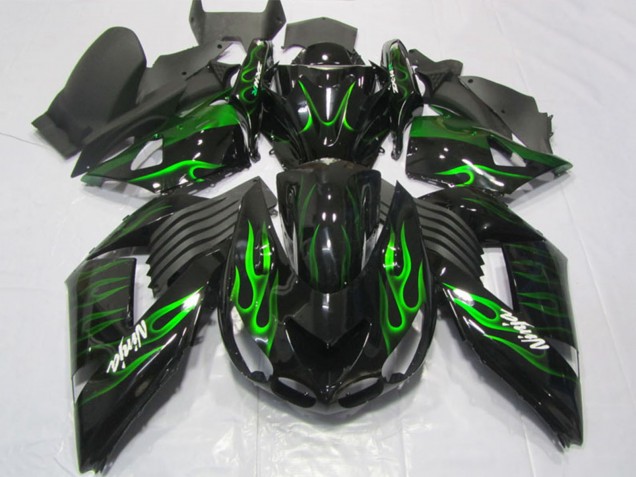 Noir Brillant Vert Flamme Carénage Moto Kawasaki ZX14R ZZR1400 2006-2011