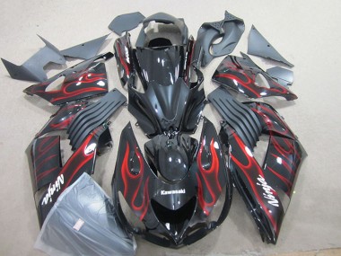 Noir Brillant Rouge Flamme Carénages Moto Kawasaki ZX14R ZZR1400 2006-2011 Pas Chère