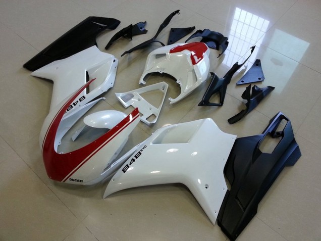 Noir Mat Blanc avec Rouge Bande Carénage Moto Ducati 848 1098 1198 07-14 Noir Mat Blanc avec Rouge Bande Carénage Moto Ducati 848 1098 1198 07-14
